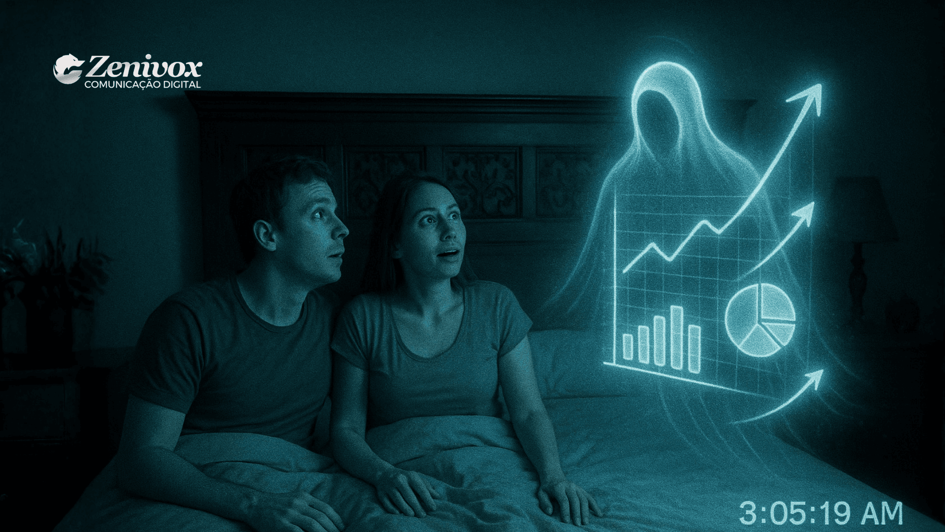 Casal sentado na cama em um quarto escuro, iluminado por uma luz azul de visão noturna. Ambos olham surpresos para um fantasma translúcido que projeta gráficos de crescimento, barras e pizza, simbolizando dicas para vender. A imagem remete a uma cena de “atividade paranormal” reinterpretada com humor e referência ao marketing digital, mostrando o sucesso das estratégias da Zenivox aparecendo de forma sobrenatural às 3:05 da manhã.
