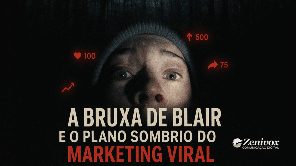 Imagem inspirada no pôster do filme A Bruxa de Blair. O rosto de uma pessoa assustada, parcialmente iluminado por uma lanterna, surge no centro, com olhos arregalados e expressão de medo. Acima dela, ícones vermelhos de redes sociais — curtidas, compartilhamentos e crescimento — flutuam no ar, simbolizando como viralizar. O fundo é escuro, com uma floresta sombria quase invisível. O texto central diz: “A Bruxa de Blair e o Plano Sombrio do Marketing Viral”. Logotipo da Zenivox aparece no canto inferior direito.