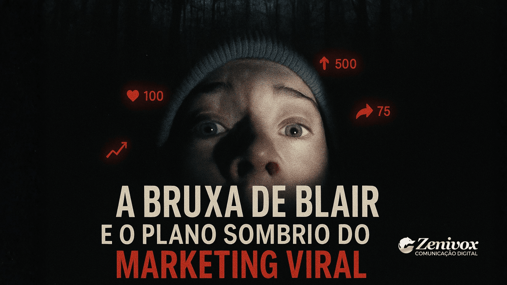 Imagem inspirada no pôster do filme A Bruxa de Blair. O rosto de uma pessoa assustada, parcialmente iluminado por uma lanterna, surge no centro, com olhos arregalados e expressão de medo. Acima dela, ícones vermelhos de redes sociais — curtidas, compartilhamentos e crescimento — flutuam no ar, simbolizando como viralizar. O fundo é escuro, com uma floresta sombria quase invisível. O texto central diz: “A Bruxa de Blair e o Plano Sombrio do Marketing Viral”. Logotipo da Zenivox aparece no canto inferior direito.