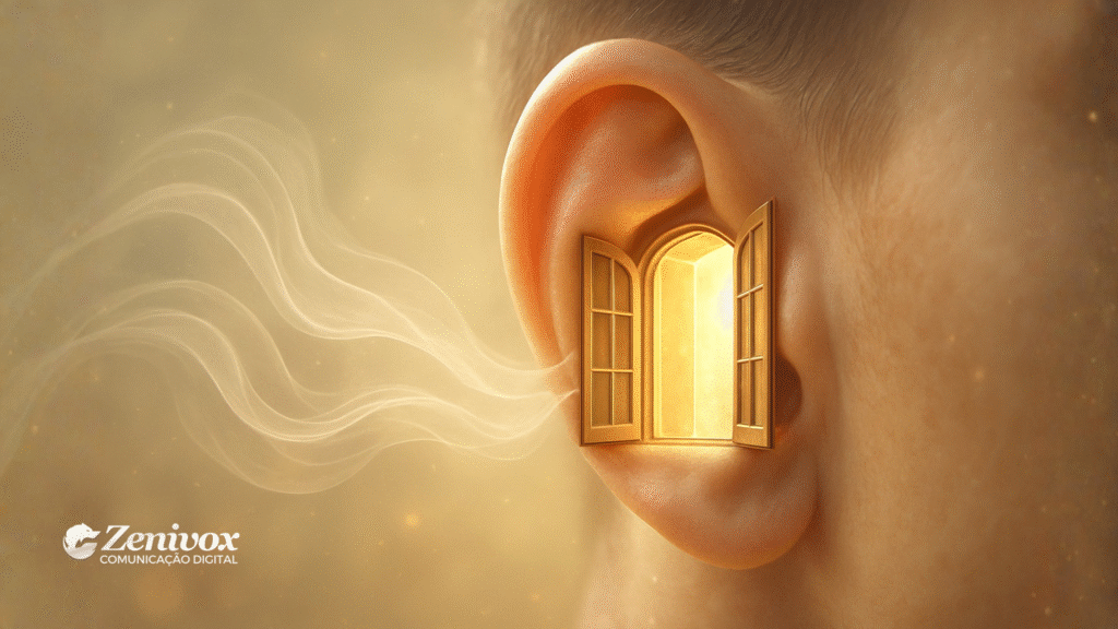 Orelha humana com uma janela dourada aberta em seu interior, irradiando luz intensa e calorosa. Ondas de energia fluem suavemente para dentro, simbolizando atenção, empatia e conexão genuína da escuta ativa.