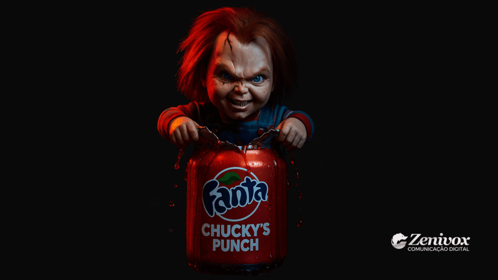 Imagem sombria e vibrante de um boneco ruivo com expressão maligna e sorriso ameaçador segurando uma lata vermelha da Fanta com o rótulo “Chucky’s Punch”. O líquido vermelho escorre pelas mãos do personagem, criando um efeito visual intenso. O fundo é preto, destacando o brilho e a textura da lata, simbolizando o marketing sazonal da Fanta. O logotipo da Zenivox aparece no canto inferior direito.