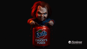 Imagem sombria e vibrante de um boneco ruivo com expressão maligna e sorriso ameaçador segurando uma lata vermelha da Fanta com o rótulo “Chucky’s Punch”. O líquido vermelho escorre pelas mãos do personagem, criando um efeito visual intenso. O fundo é preto, destacando o brilho e a textura da lata, simbolizando o marketing sazonal da Fanta. O logotipo da Zenivox aparece no canto inferior direito.
