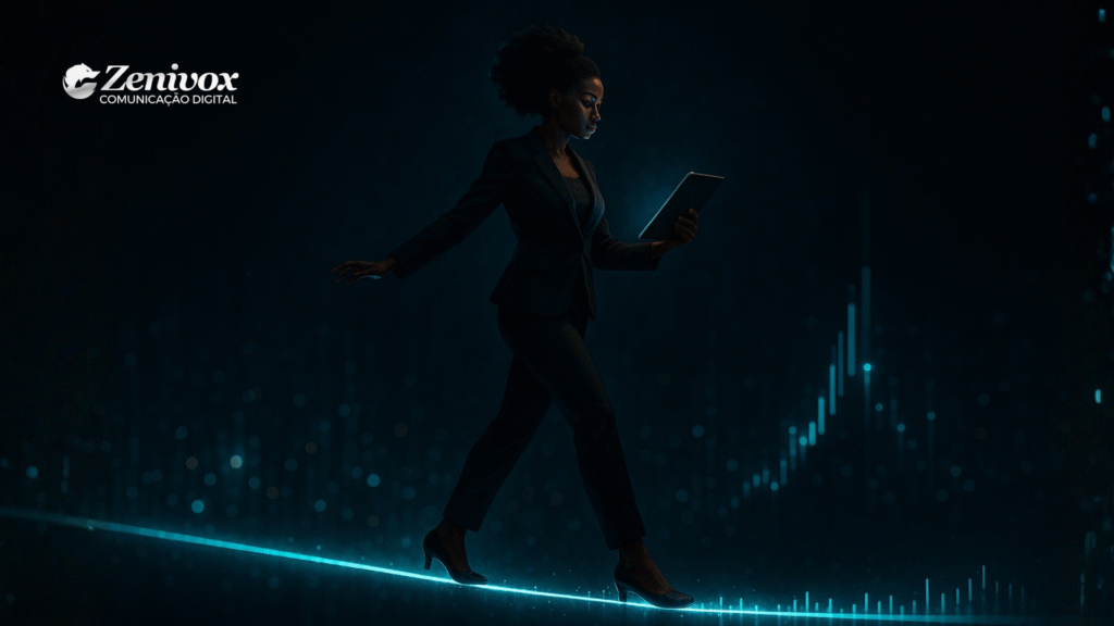 Mulher de terno escuro caminhando com equilíbrio sobre uma linha de luz azul, enquanto segura um tablet iluminado. A cena simboliza gestão inteligente, controle, análise e liderança no ambiente digital, com um fundo tecnológico que transmite inovação e crescimento.