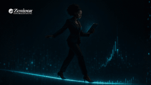 Mulher de terno escuro caminhando com equilíbrio sobre uma linha de luz azul, enquanto segura um tablet iluminado. A cena simboliza gestão inteligente, controle, análise e liderança no ambiente digital, com um fundo tecnológico que transmite inovação e crescimento.