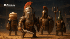 Cena épica com copos e garrafas de bebidas personificados como gladiadores em uma arena romana. Todos usam armaduras metálicas e elmos com penachos vermelhos, empunhando espadas, escudos e tridentes, simbolizando as guerras comerciais. O ambiente tem iluminação dramática e atmosfera de batalha, com o logotipo da Zenivox no canto superior esquerdo.