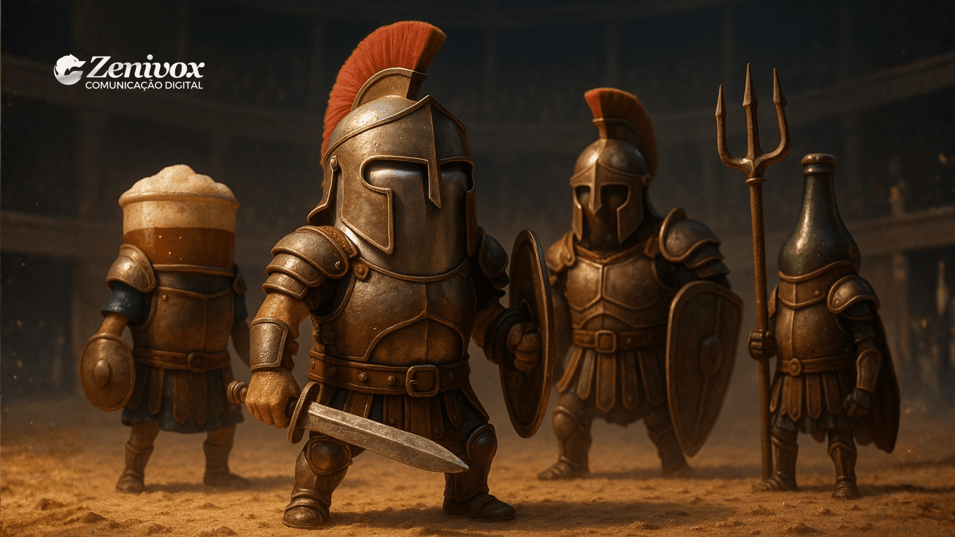 Cena épica com copos e garrafas de bebidas personificados como gladiadores em uma arena romana. Todos usam armaduras metálicas e elmos com penachos vermelhos, empunhando espadas, escudos e tridentes, simbolizando as guerras comerciais. O ambiente tem iluminação dramática e atmosfera de batalha, com o logotipo da Zenivox no canto superior esquerdo.