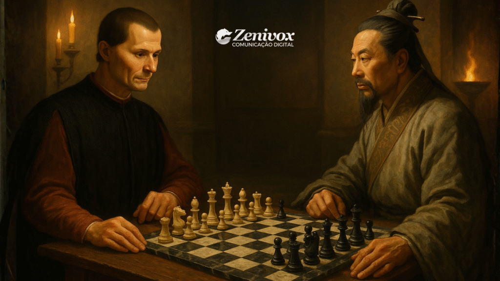 Duas mentes lendárias frente a frente — uma mesa de xadrez separa Nicolau Maquiavel e Sun Tzu, símbolos da estratégia ocidental e oriental. O ambiente é sombrio, iluminado apenas por velas, reforçando a tensão e o contraste entre razão política e sabedoria militar. A pintura retrata o equilíbrio entre cálculo e instinto — o verdadeiro campo de batalha da liderança situacional.