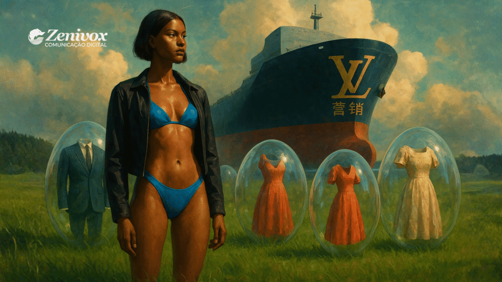 Imagem surrealista mostrando uma mulher de pele morena usando biquíni azul e jaqueta preta, em pé sobre um campo gramado. Ao fundo, há um enorme navio com o logotipo dourado da Louis Vuitton e caracteres chineses, enquanto grandes ovos transparentes exibem ternos e vestidos de luxo flutuando. A composição mistura moda, poder econômico e crítica cultural, evocando o impacto global das marcas de luxo e o simbolismo do marketing de moda inusitada.