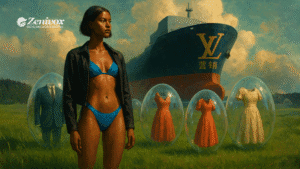 Imagem surrealista mostrando uma mulher de pele morena usando biquíni azul e jaqueta preta, em pé sobre um campo gramado. Ao fundo, há um enorme navio com o logotipo dourado da Louis Vuitton e caracteres chineses, enquanto grandes ovos transparentes exibem ternos e vestidos de luxo flutuando. A composição mistura moda, poder econômico e crítica cultural, evocando o impacto global das marcas de luxo e o simbolismo do marketing de moda inusitada.