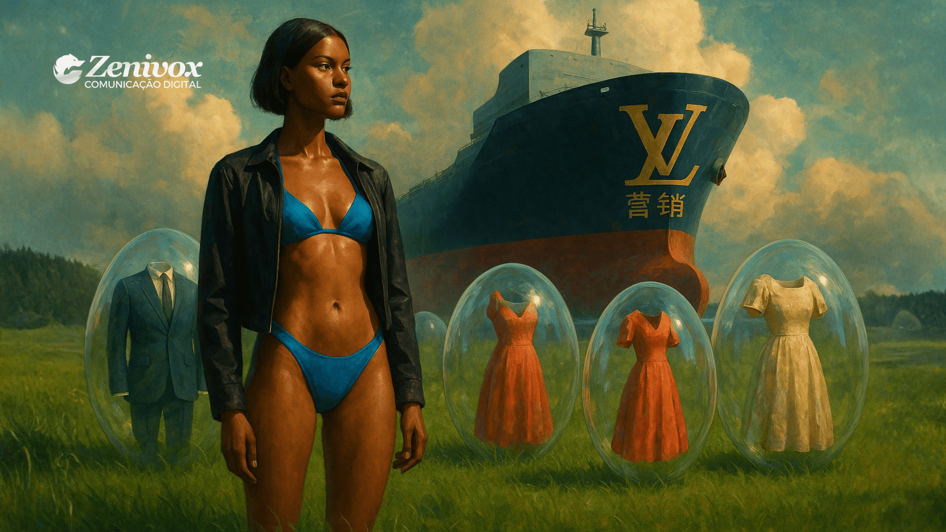 Imagem surrealista mostrando uma mulher de pele morena usando biquíni azul e jaqueta preta, em pé sobre um campo gramado. Ao fundo, há um enorme navio com o logotipo dourado da Louis Vuitton e caracteres chineses, enquanto grandes ovos transparentes exibem ternos e vestidos de luxo flutuando. A composição mistura moda, poder econômico e crítica cultural, evocando o impacto global das marcas de luxo e o simbolismo do marketing de moda inusitada.