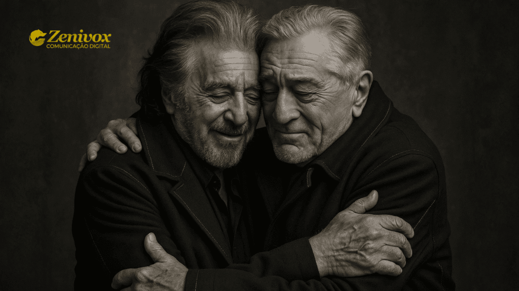 se abraçam com ternura e cumplicidade em uma fotografia em preto e branco. O olhar sereno e o gesto sincero expressam afeto, respeito e uma conexão silenciosa. A imagem transmite o conceito de que o verdadeiro luxo está nas emoções autênticas — não na ostentação, simbolizando a narrativa visual da marca.