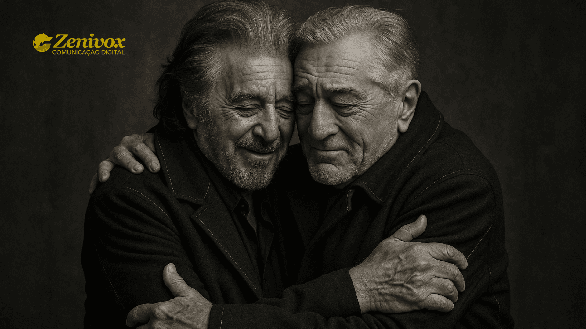 se abraçam com ternura e cumplicidade em uma fotografia em preto e branco. O olhar sereno e o gesto sincero expressam afeto, respeito e uma conexão silenciosa. A imagem transmite o conceito de que o verdadeiro luxo está nas emoções autênticas — não na ostentação, simbolizando a narrativa visual da marca.