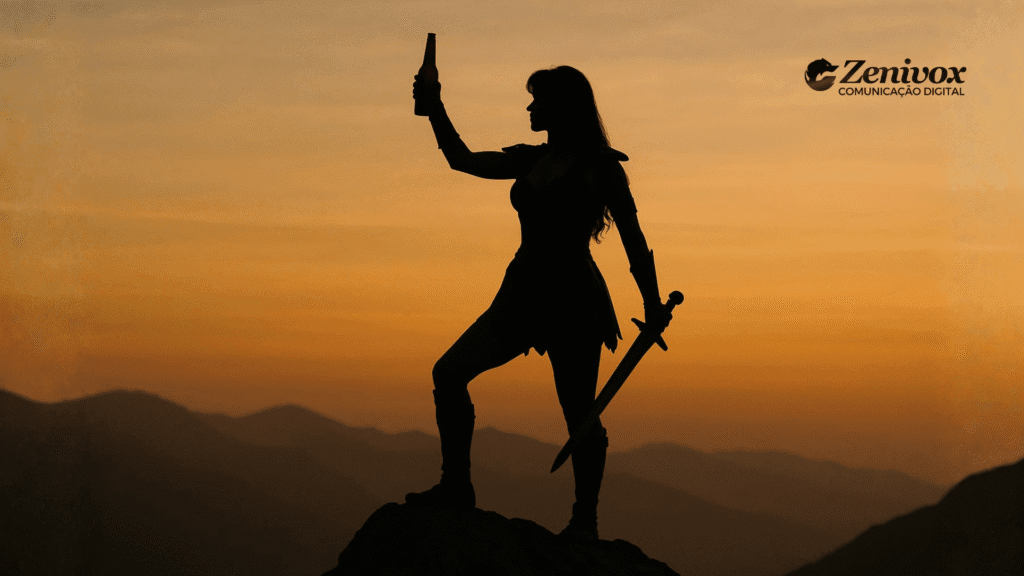 Silhueta de uma mulher guerreira segurando uma garrafa de cerveja artesanal no topo de uma montanha ao pôr do sol, representando a força e a conquista da mulher empreendedora que transformaram o mercado da cerveja artesanal.