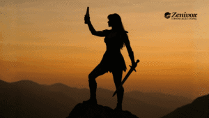 Silhueta de uma mulher guerreira segurando uma garrafa de cerveja artesanal no topo de uma montanha ao pôr do sol, representando a força e a conquista da mulher empreendedora que transformaram o mercado da cerveja artesanal.