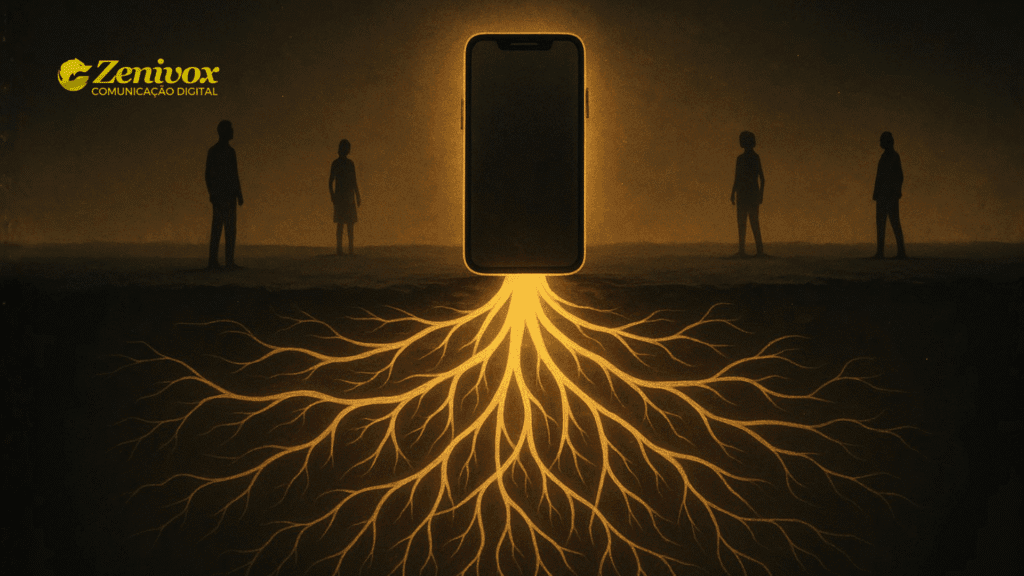 Ilustração de um smartphone emitindo raízes luminosas que se espalham pelo subsolo, conectando silhuetas humanas ao redor — metáfora visual de como fazer networking nas redes sociais.