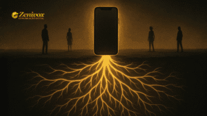 Ilustração de um smartphone emitindo raízes luminosas que se espalham pelo subsolo, conectando silhuetas humanas ao redor — metáfora visual de como fazer networking nas redes sociais.