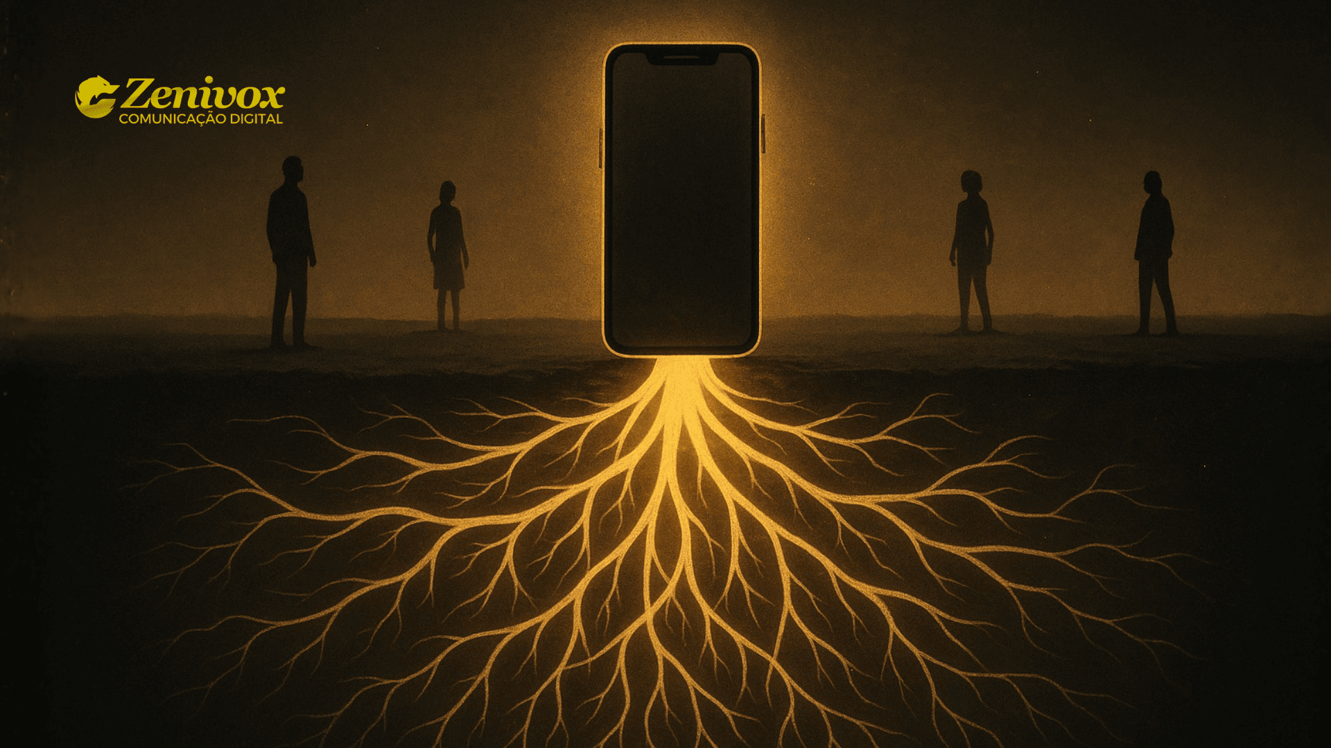 Ilustração de um smartphone emitindo raízes luminosas que se espalham pelo subsolo, conectando silhuetas humanas ao redor — metáfora visual de como fazer networking nas redes sociais.