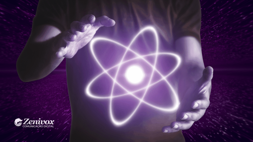 Imagem com fundo roxo cósmico e efeito de movimento, mostrando uma pessoa com as mãos abertas sustentando um átomo luminoso no centro. A energia brilhante simboliza a união entre ciência, inovação e estratégia de Tecnologia em Marketing e Vendas.