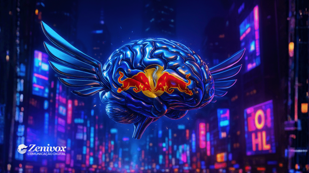 Fundo abstrato com tons de azul-elétrico e prata, traços de luz em forma de asas e brilho de néon. No centro, destaque para o título “Criação de Conteúdo: Inspire-se na Red Bull e Domine o Mercado”. Estilo futurista, energia e movimento remetendo à identidade da Red Bull.