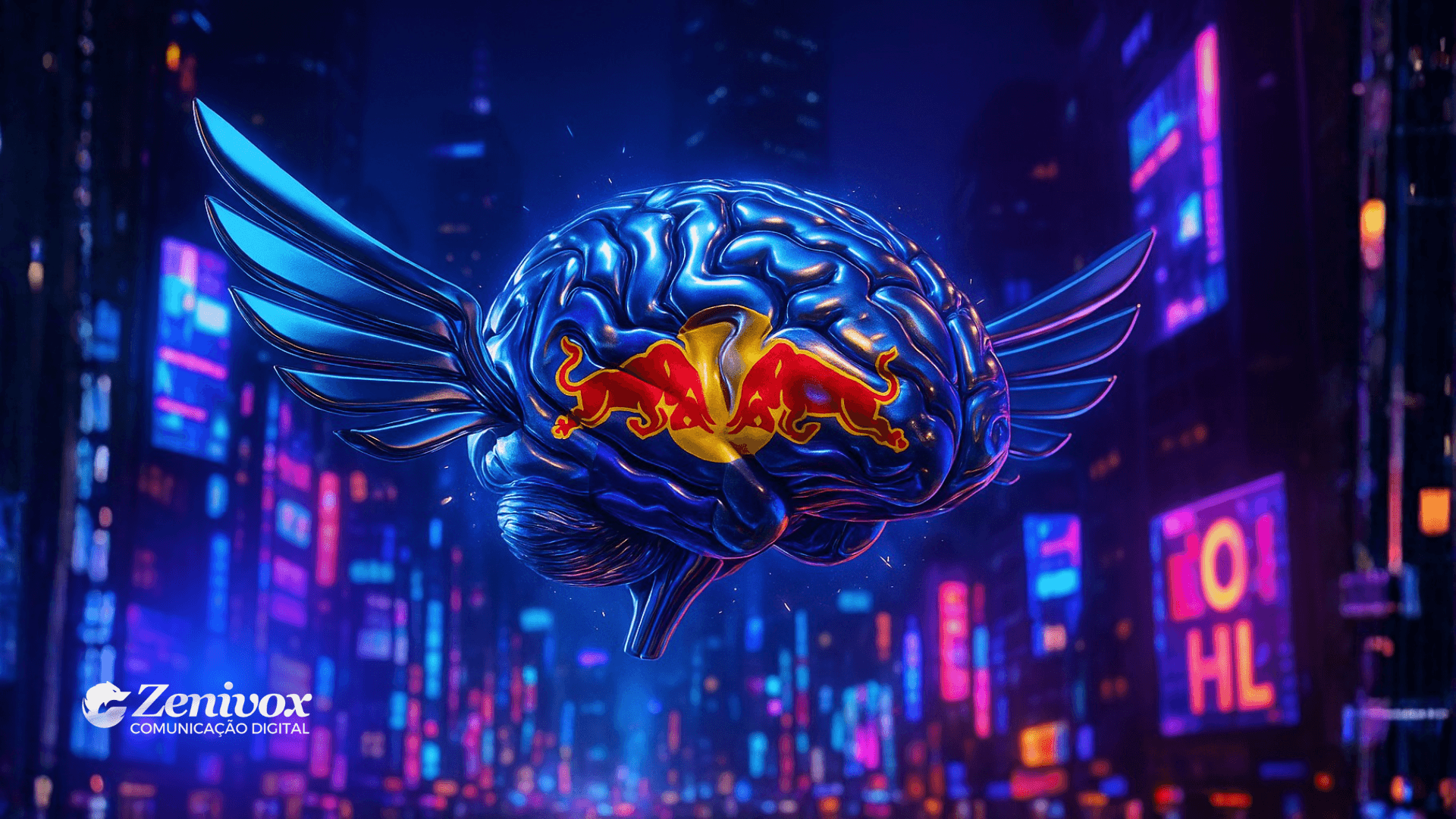 Fundo abstrato com tons de azul-elétrico e prata, traços de luz em forma de asas e brilho de néon. No centro, destaque para o título “Criação de Conteúdo: Inspire-se na Red Bull e Domine o Mercado”. Estilo futurista, energia e movimento remetendo à identidade da Red Bull.