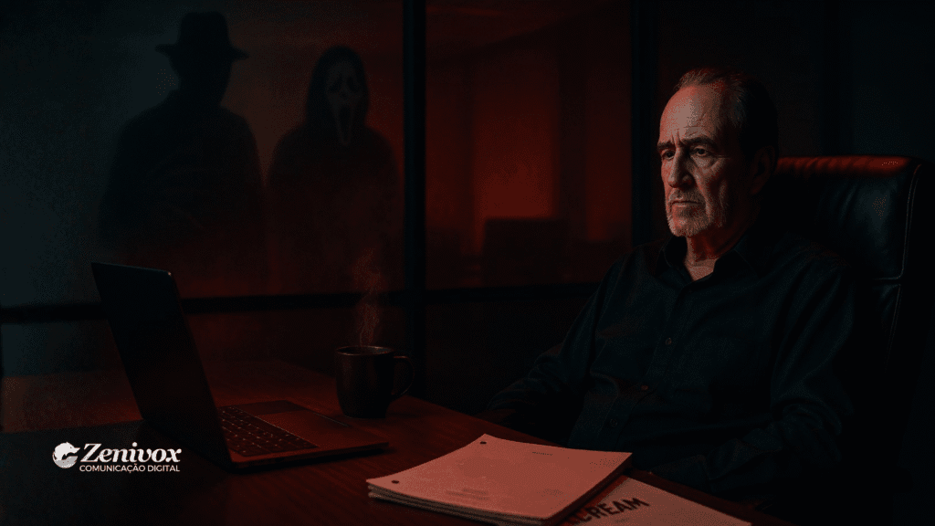 Wes Craven com expressão séria e concentrada, está sentado em uma sala escura iluminada por tons vermelhos e azulados, diante de um notebook e um roteiro com o título parcialmente visível “SCREAM”. Ao fundo, duas sombras ameaçadoras aparecem na parede: Freddy Krueger e Ghostface. A cena evoca suspense e genialidade criativa, remetendo O que é um Empreendedor Serial e universo dos filmes de Wes . Logotipo da Zenivox aparece no canto inferior esquerdo.