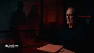 Wes Craven com expressão séria e concentrada, está sentado em uma sala escura iluminada por tons vermelhos e azulados, diante de um notebook e um roteiro com o título parcialmente visível “SCREAM”. Ao fundo, duas sombras ameaçadoras aparecem na parede: Freddy Krueger e Ghostface. A cena evoca suspense e genialidade criativa, remetendo O que é um Empreendedor Serial e universo dos filmes de Wes . Logotipo da Zenivox aparece no canto inferior esquerdo.