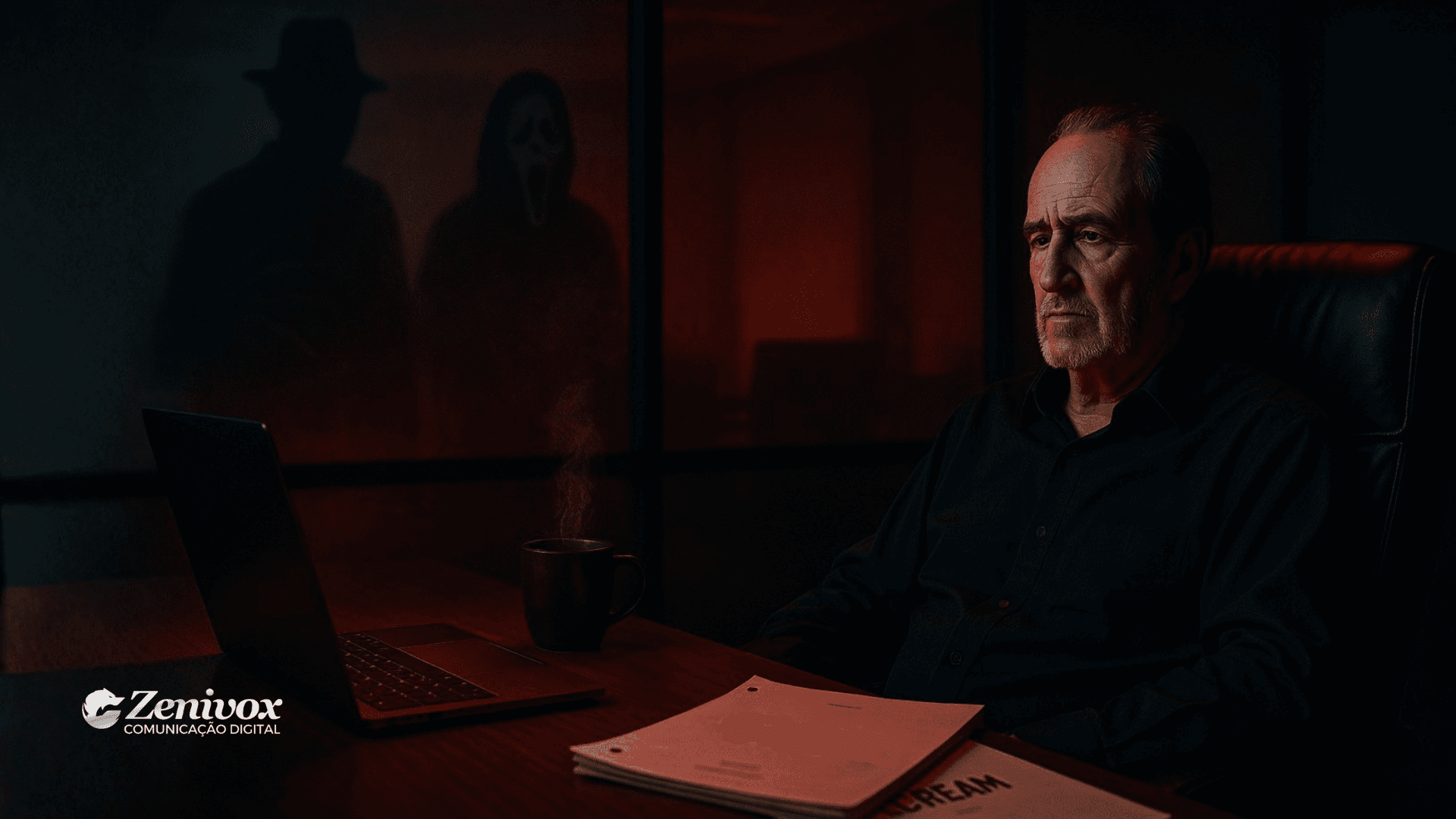 Wes Craven com expressão séria e concentrada, está sentado em uma sala escura iluminada por tons vermelhos e azulados, diante de um notebook e um roteiro com o título parcialmente visível “SCREAM”. Ao fundo, duas sombras ameaçadoras aparecem na parede: Freddy Krueger e Ghostface. A cena evoca suspense e genialidade criativa, remetendo O que é um Empreendedor Serial e universo dos filmes de Wes . Logotipo da Zenivox aparece no canto inferior esquerdo.