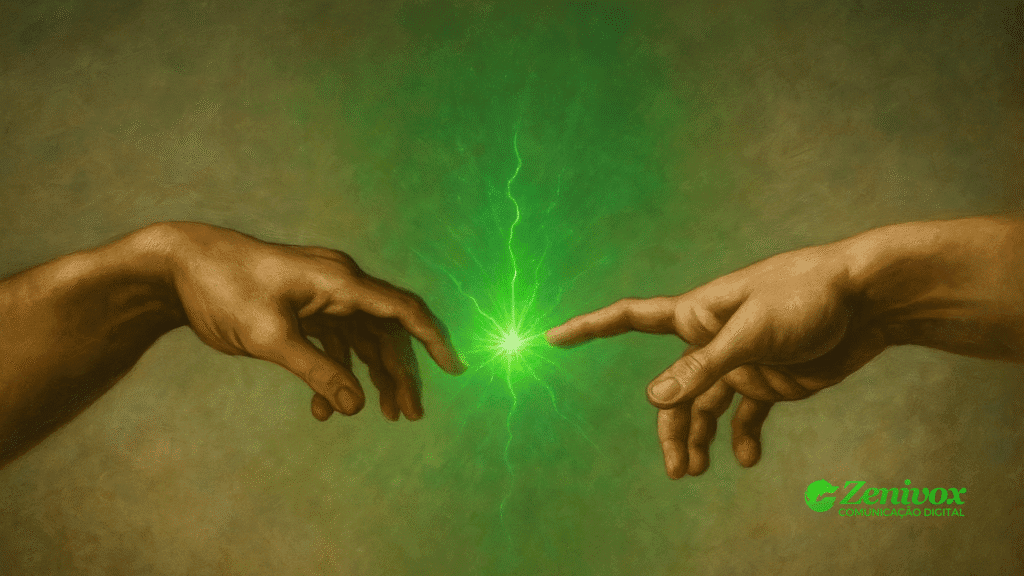 Duas mãos humanas prestes a se tocar, conectadas por um feixe de energia verde brilhante que simboliza a força da comunicação digital e o poder de conexão das vendas pelo WhatsApp. O visual remete à criação de vínculos e à transmissão de energia entre marca e cliente.