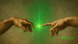 Duas mãos humanas prestes a se tocar, conectadas por um feixe de energia verde brilhante que simboliza a força da comunicação digital e o poder de conexão das vendas pelo WhatsApp. O visual remete à criação de vínculos e à transmissão de energia entre marca e cliente.