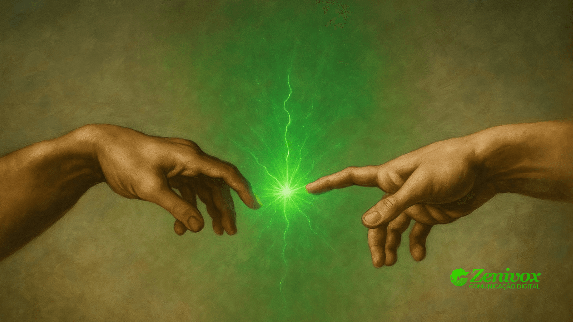 Duas mãos humanas prestes a se tocar, conectadas por um feixe de energia verde brilhante que simboliza a força da comunicação digital e o poder de conexão das vendas pelo WhatsApp. O visual remete à criação de vínculos e à transmissão de energia entre marca e cliente.