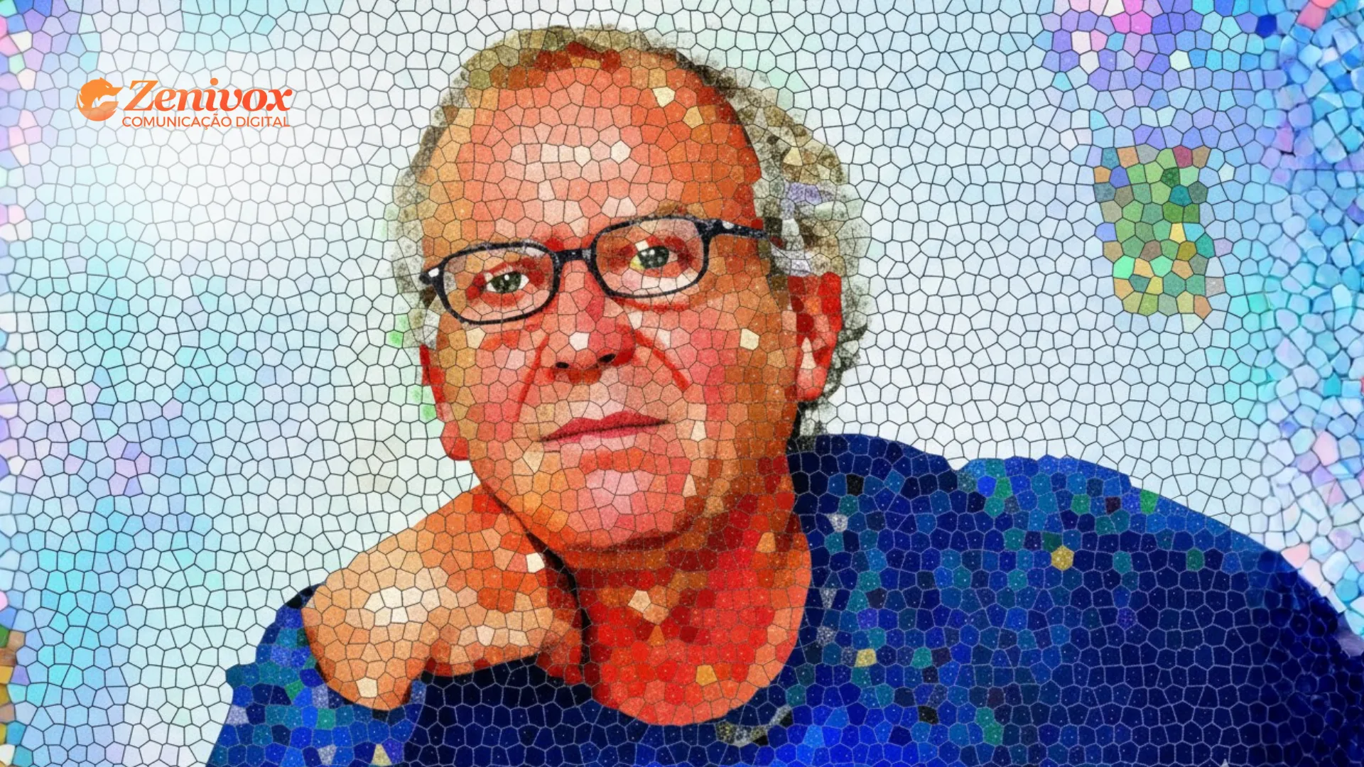Retrato artístico de um homem de óculos com expressão pensativa, representado em estilo mosaico colorido com tons quentes e frios. A imagem transmite criatividade e reflexão, remetendo à genialidade e à influência do publicitário Washington Olivetto na comunicação e na arte de vender. Logotipo da Zenivox no canto superior esquerdo.