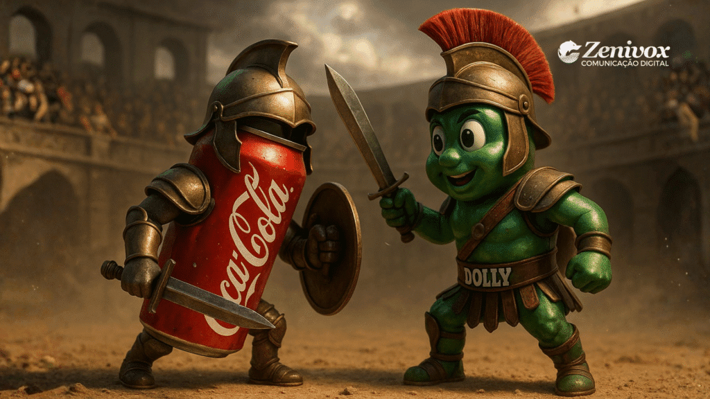Cena de arena mostrando uma lata de Coca-Cola e o mascote verde da Dolly vestidos como gladiadores romanos. Ambos empunham espadas e escudos, com expressões determinadas, prestes a duelar, simbolizando as guerras comerciais. O logotipo da Zenivox aparece no canto superior esquerdo.
