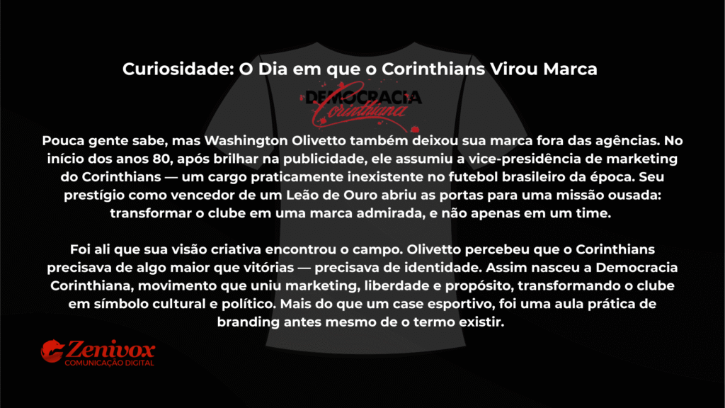 Slide em fundo preto com o título “Curiosidade: O Dia em que o Corinthians Virou Marca”. O texto narra como Washington Olivetto, nos anos 80, transformou o Corinthians em um símbolo de identidade e propósito por meio da Democracia Corinthiana, movimento que uniu marketing, liberdade e cultura. No centro, a silhueta de uma camiseta com o logotipo “Democracia Corinthiana”. Logotipo da Zenivox no canto inferior esquerdo.