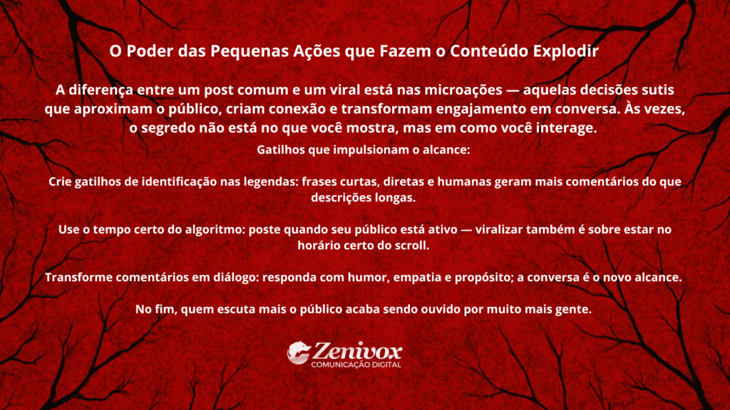 Imagem com fundo vermelho escuro e textura de galhos pretos, remetendo a um clima de suspense. No centro, texto branco com o título “O Medo Real: A Atuação que Não Foi Fingimento”. O conteúdo explica que, durante as filmagens de A Bruxa de Blair, o terror não era apenas interpretado — era vivido de verdade. Os atores reagiam a sustos e eventos inesperados na floresta, o que resultou em emoções autênticas e um medo real, tornando o filme mais crível e intenso. Simbolizando como viraliza . Logotipo da Zenivox aparece na parte inferior central.
