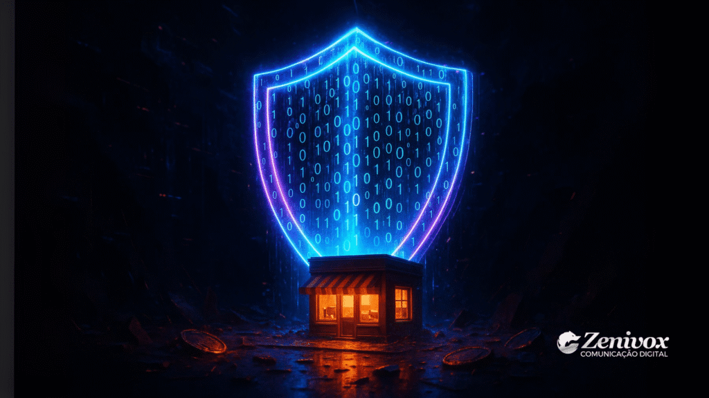 Loja iluminada protegida por um escudo digital formado por códigos binários brilhantes, simbolizando a gestão de riscos como barreira contra crises.