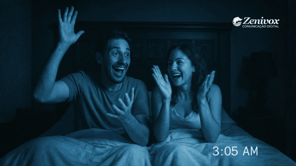 Casal sentado na cama, rindo e comemorando com entusiasmo em um quarto escuro iluminado por luz azulada de visão noturna. Ambos demonstram alegria e surpresa, com expressões vibrantes e mãos erguidas, como se tivessem acabado de testemunhar um resultado incrível. O horário “3:05 AM” aparece no canto inferior direito, e o logotipo da Zenivox está no canto superior direito, reforçando o estilo cinematográfico inspirado em Atividade Paranormal. simbolizando dicas para vender do filme.