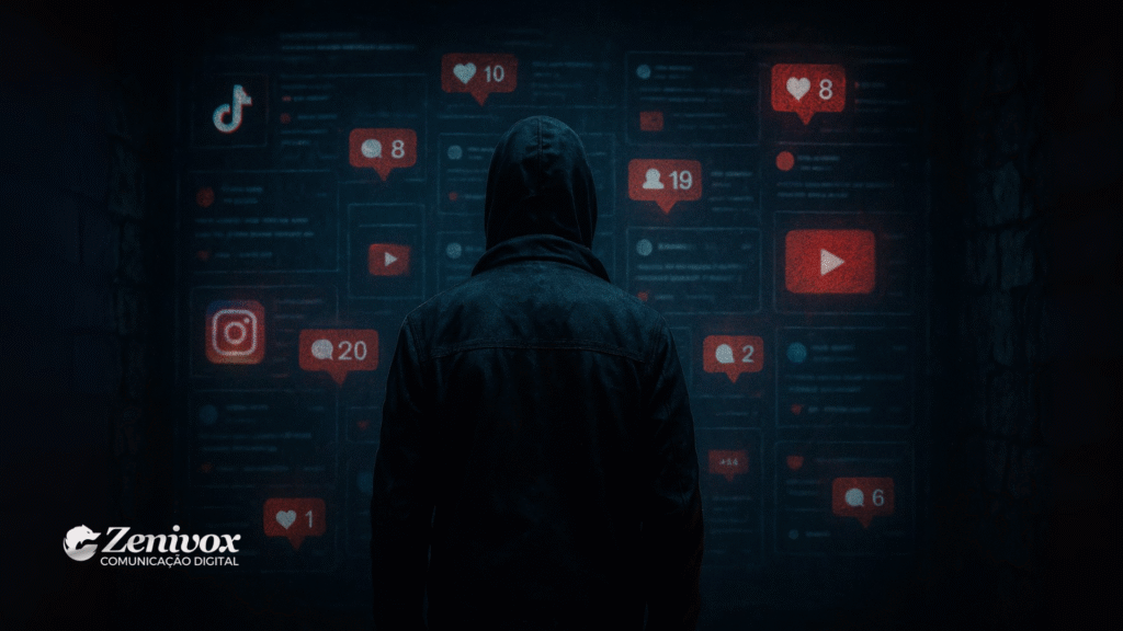 Imagem sombria e cinematográfica de uma pessoa de capuz, vista de costas, encarando uma parede repleta de ícones luminosos de redes sociais — corações, notificações, curtidas e logotipos do TikTok, Instagram e YouTube. A iluminação azulada e os detalhes em vermelho criam uma atmosfera de mistério e tensão, como se o personagem observasse o poder hipnótico da viralização, simbolizando como viralizar. No canto inferior esquerdo, o logotipo da Zenivox está visível.