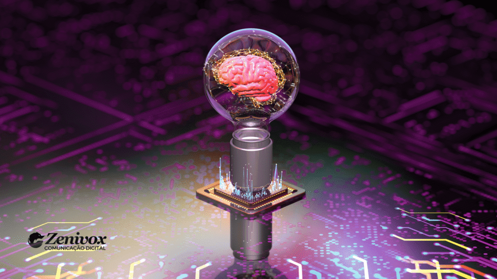Imagem futurista com fundo roxo e circuito eletrônico iluminado. No centro, uma lâmpada transparente contém um cérebro rosado envolto por conexões douradas, simbolizando a fusão entre inteligência humana e tecnologia. Representando ecnologia em Marketing e Vendas. O logotipo da Zenivox aparece no canto inferior esquerdo.