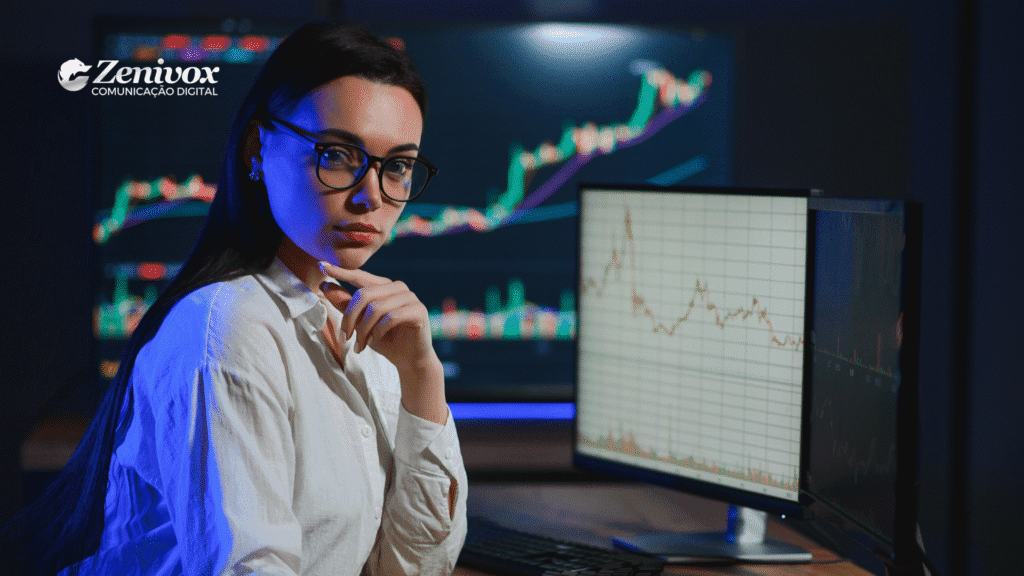 Mulher de óculos e camisa branca em frente a múltiplas telas com gráficos financeiros e indicadores de desempenho. O ambiente tecnológico e iluminado em tons de azul reflete análise, estratégia e foco em resultados.