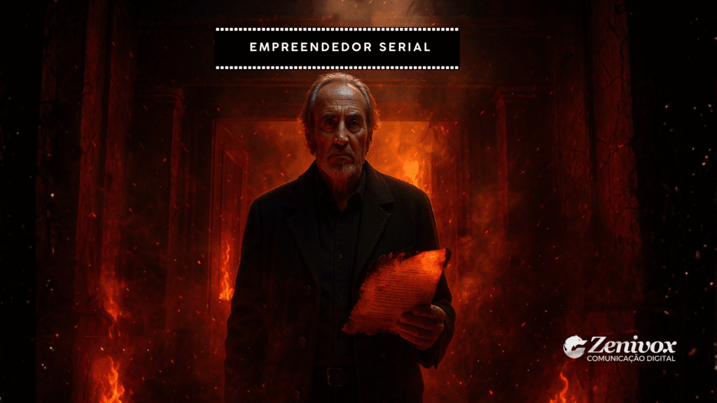 Wes Craven com expressão séria segura um papel parcialmente queimado em um cenário envolto por chamas e sombras vermelhas intensas. O fogo ilumina seu rosto, enquanto o fundo revela um corredor escuro em chamas, criando um clima cinematográfico e simbólico de renascimento. Acima dele, o título “Empreendedor Serial” aparece em uma faixa preta com bordas pontilhadas, e o logotipo da Zenivox está no canto inferior direito. 