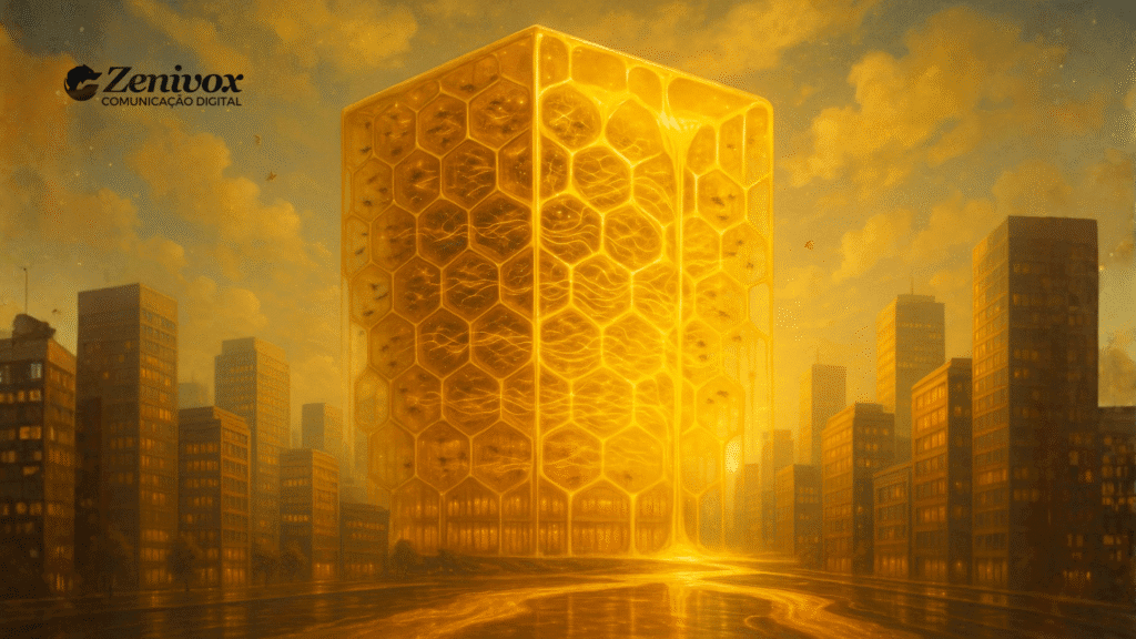 Imagem futurista mostrando um arranha-céu dourado em forma de colmeia, com abelhas visíveis dentro das células hexagonais. A estrutura emana luz e energia, simbolizando harmonia, produtividade e organização coletiva. O cenário urbano ao redor é banhado por um brilho dourado intenso, sugerindo um ecossistema autogerido e eficiente, refletindo o conceito de autogestão como equilíbrio entre autonomia e cooperação.