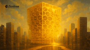 Imagem futurista mostrando um arranha-céu dourado em forma de colmeia, com abelhas visíveis dentro das células hexagonais. A estrutura emana luz e energia, simbolizando harmonia, produtividade e organização coletiva. O cenário urbano ao redor é banhado por um brilho dourado intenso, sugerindo um ecossistema autogerido e eficiente, refletindo o conceito de autogestão como equilíbrio entre autonomia e cooperação.