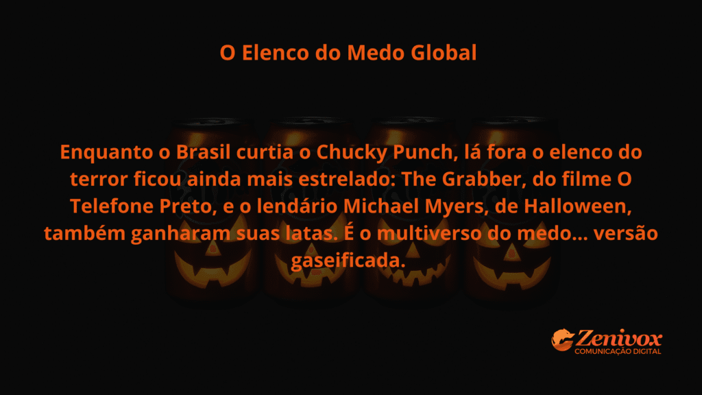 Imagem com fundo escuro e latas de refrigerante iluminadas ao fundo, com rostos de abóboras de Halloween. No centro, texto em laranja brilhante com o título “O Elenco do Medo Global”. O conteúdo destaca que, enquanto o Brasil curtia o sabor Chucky Punch, outros personagens icônicos do terror como The Grabber (O Telefone Preto) e Michael Myers (Halloween) também ganharam versões de latas temáticas da Fanta. O logotipo da Zenivox aparece no canto inferior direito.
