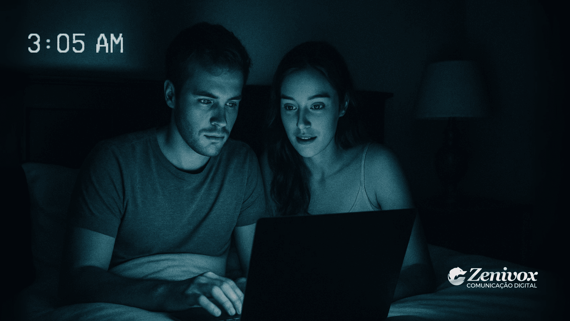 Casal sentado na cama durante a madrugada, olhando fixamente para a tela iluminada de um notebook em um quarto escuro, com iluminação azulada de visão noturna. Ambos demonstram curiosidade e leve surpresa, como se estivessem descobrindo um segredo das dicas para vender. O horário “3:05 AM” aparece no canto superior esquerdo, reforçando o clima de mistério. Estilo cinematográfico inspirado em “Atividade Paranormal”, mas adaptado ao universo do marketing digital.