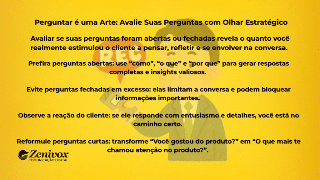 Imagem com fundo amarelo e texto em preto sobre como formular perguntas estratégicas em vendas. O conteúdo ensina a diferenciar perguntas abertas e fechadas, destacando como boas perguntas geram engajamento, revelam necessidades e fortalecem a escuta ativa.