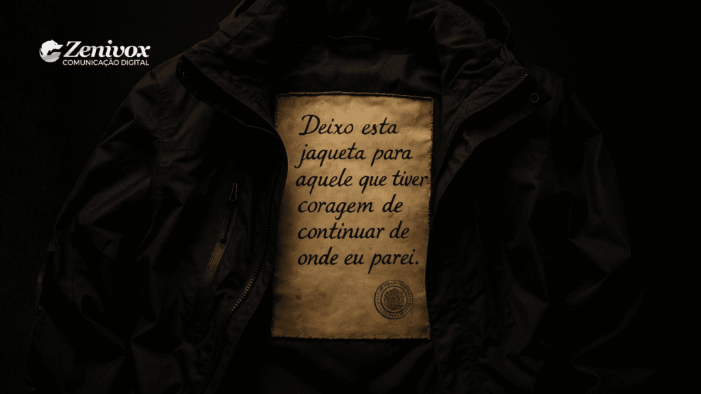 Imagem de uma jaqueta preta aberta, revelando um forro interno com um tecido bege que traz a frase escrita à mão: “Deixo esta jaqueta para aquele que tiver coragem de continuar de onde eu parei.” O cenário escuro destaca a peça e transmite uma atmosfera de herança, coragem e propósito, simbolizando o marketing de moda inusitada. No canto superior esquerdo, o logotipo da Zenivox está visível.