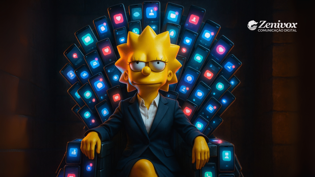 Lisa Simpson vestida como executiva, sentada em um trono feito de celulares iluminados com ícones de redes sociais, simbolizando sua visão crítica e estratégica como gestora digital. Simbolizando a analista de mídias sociais.