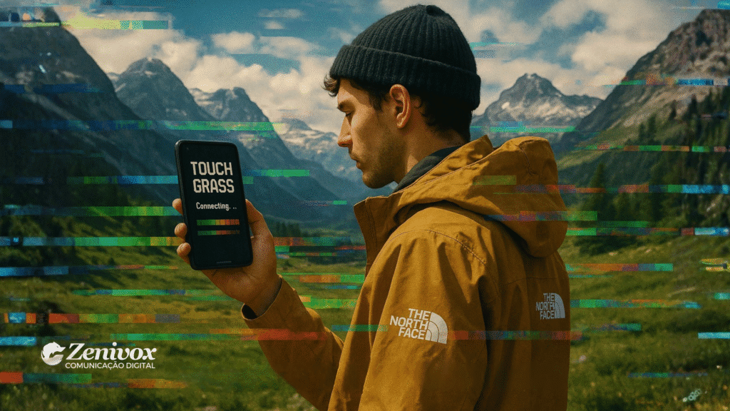 Imagem mostrando um homem vestindo uma jaqueta amarela da The North Face em meio a um cenário montanhoso. Ele segura um celular com a tela exibindo a frase “TOUCH GRASS – Connecting...”, enquanto linhas coloridas distorcem a imagem como interferências digitais. O contraste entre natureza e tecnologia reforça a ideia de desconexão moderna e a busca por reconexão com o mundo real.