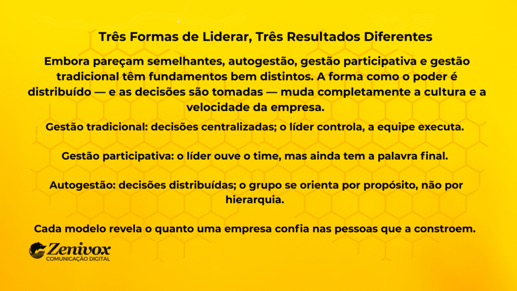 Imagem com fundo amarelo e padrão de colmeia, contendo texto explicativo sobre os diferentes estilos de liderança — tradicional, participativa e autogestão. O conteúdo destaca que a autogestão se baseia na distribuição do poder e nas decisões coletivas orientadas por propósito, em contraste com os modelos hierárquicos centrados no controle do líder.