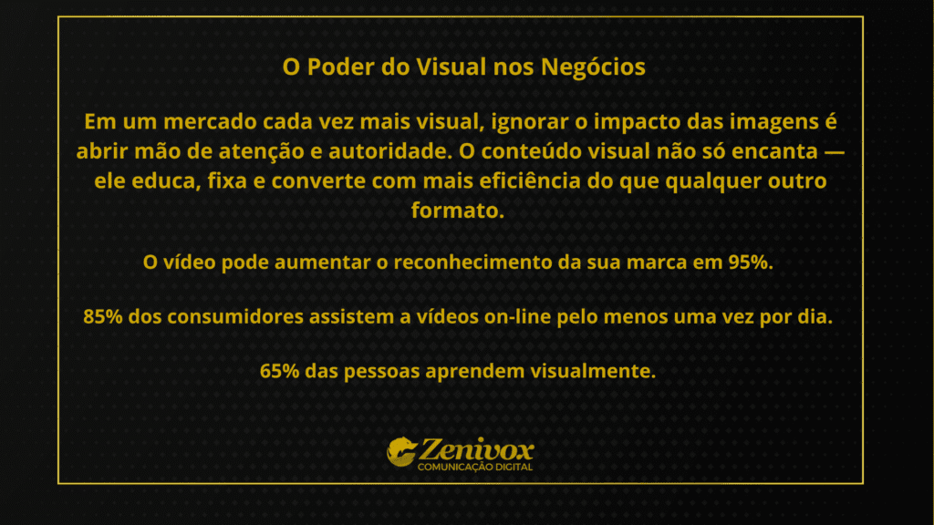 Imagem com fundo preto e texto em amarelo destacando o poder do visual nos negócios. O conteúdo ressalta que imagens e vídeos são ferramentas essenciais para atrair atenção, ensinar e converter com mais eficiência, apresentando dados que comprovam o impacto do conteúdo  e da narrativa visual nas marcas e consumidores.